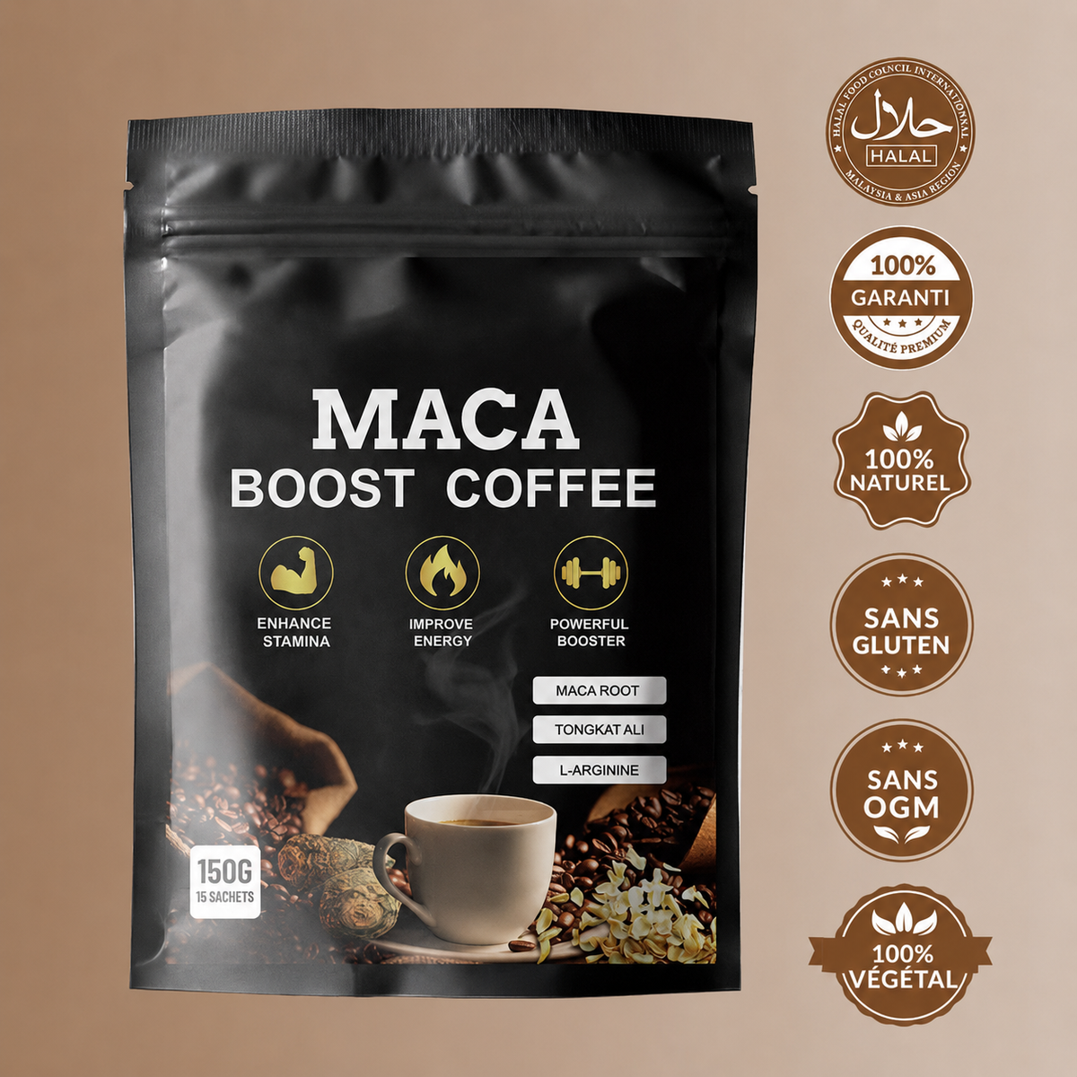 MACA BOOST COFFEE — Café Énergie & Vigueur (Maca · Tongkat Ali · L-Arginine)