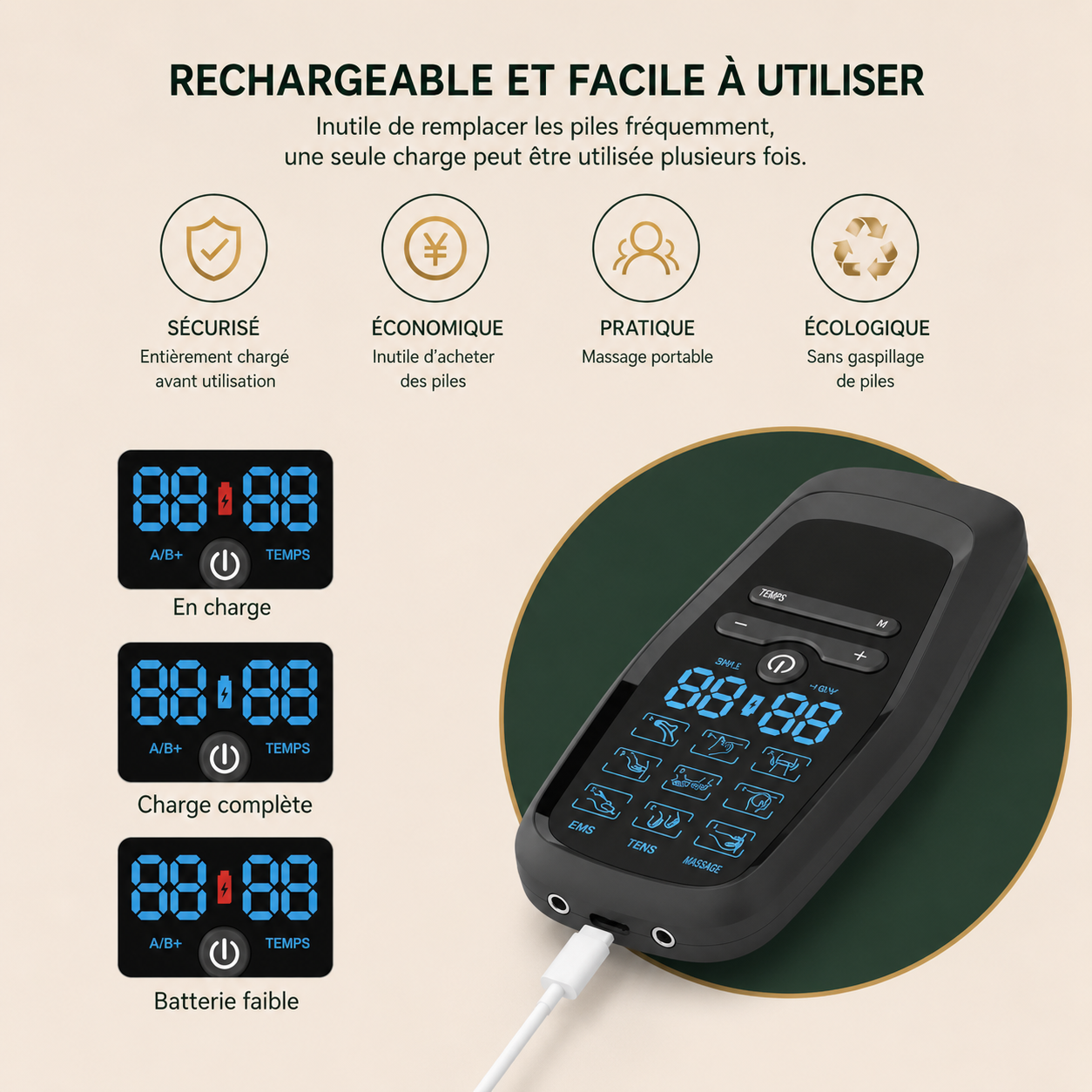 Masseur EMS Relax rechargeable par câble USB, avec indicateur de niveau de batterie